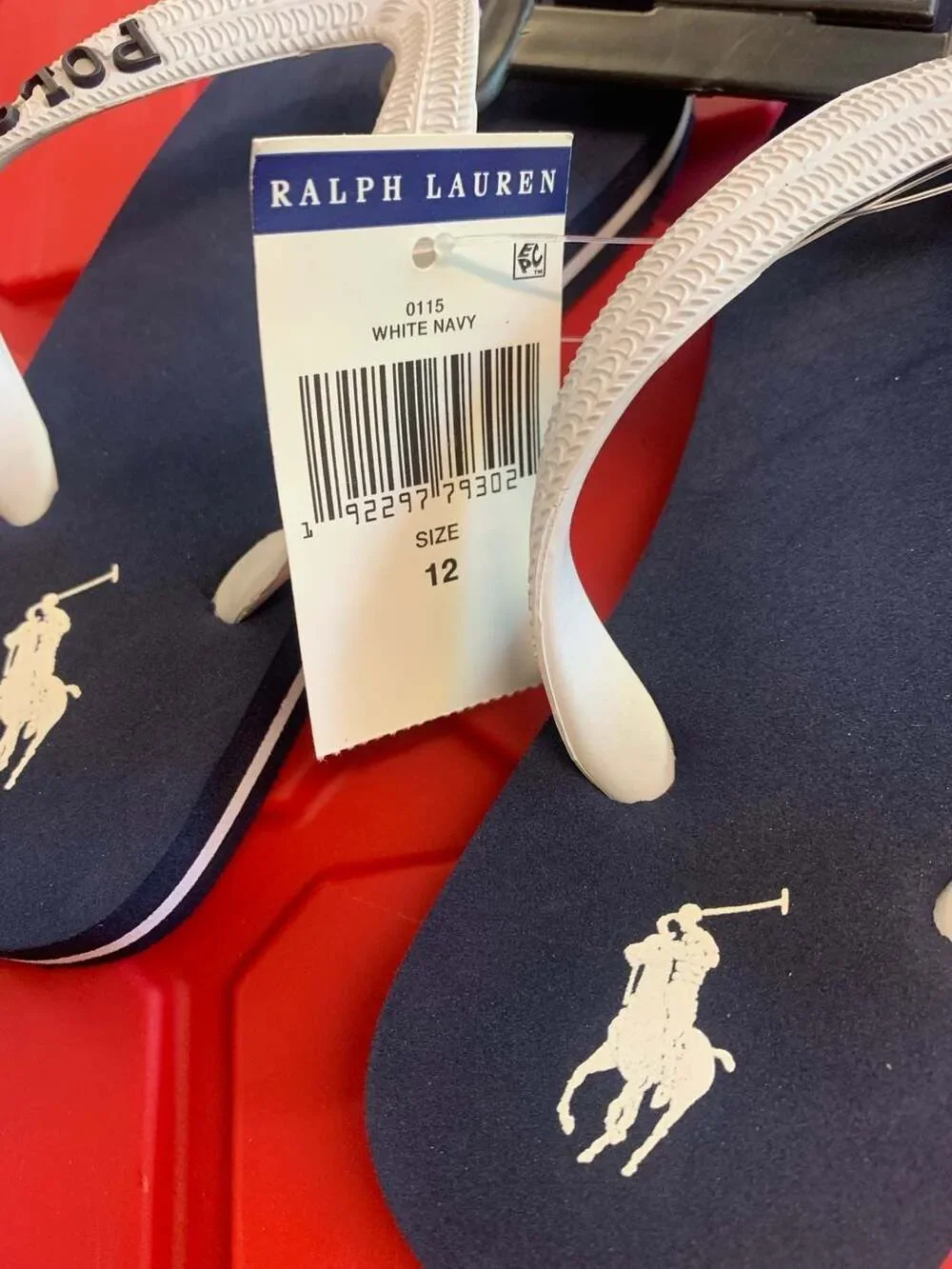 Polo Ralph Lauren Camino Navy and White Big Pony Flip Flops Boys Size 12 NEW